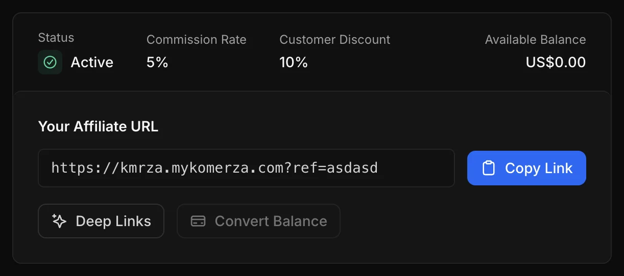 An affiliate's own dashboard in Komerza, showing commission rate, customer discount, balance and their affiliate URL