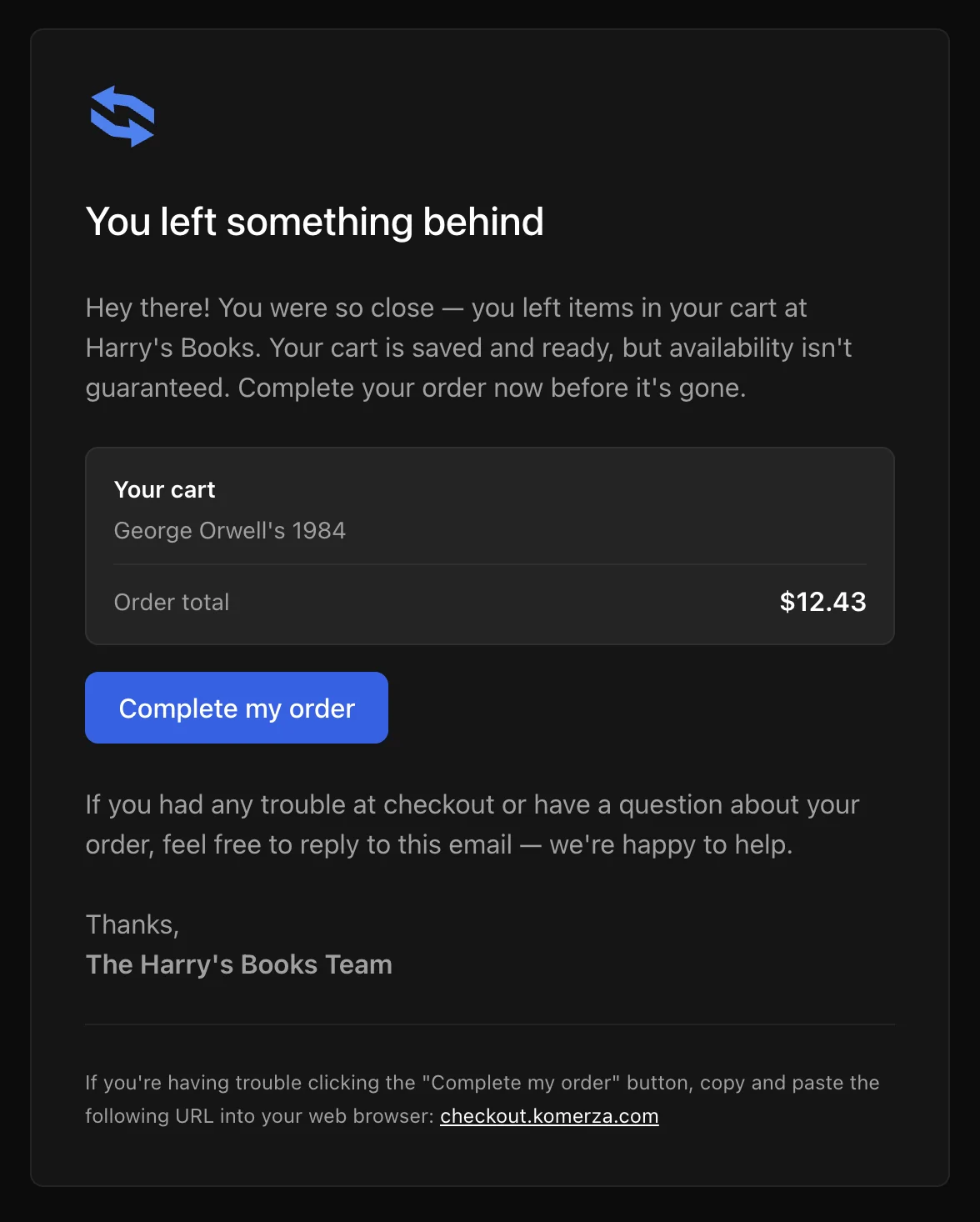 An automated cart recovery email