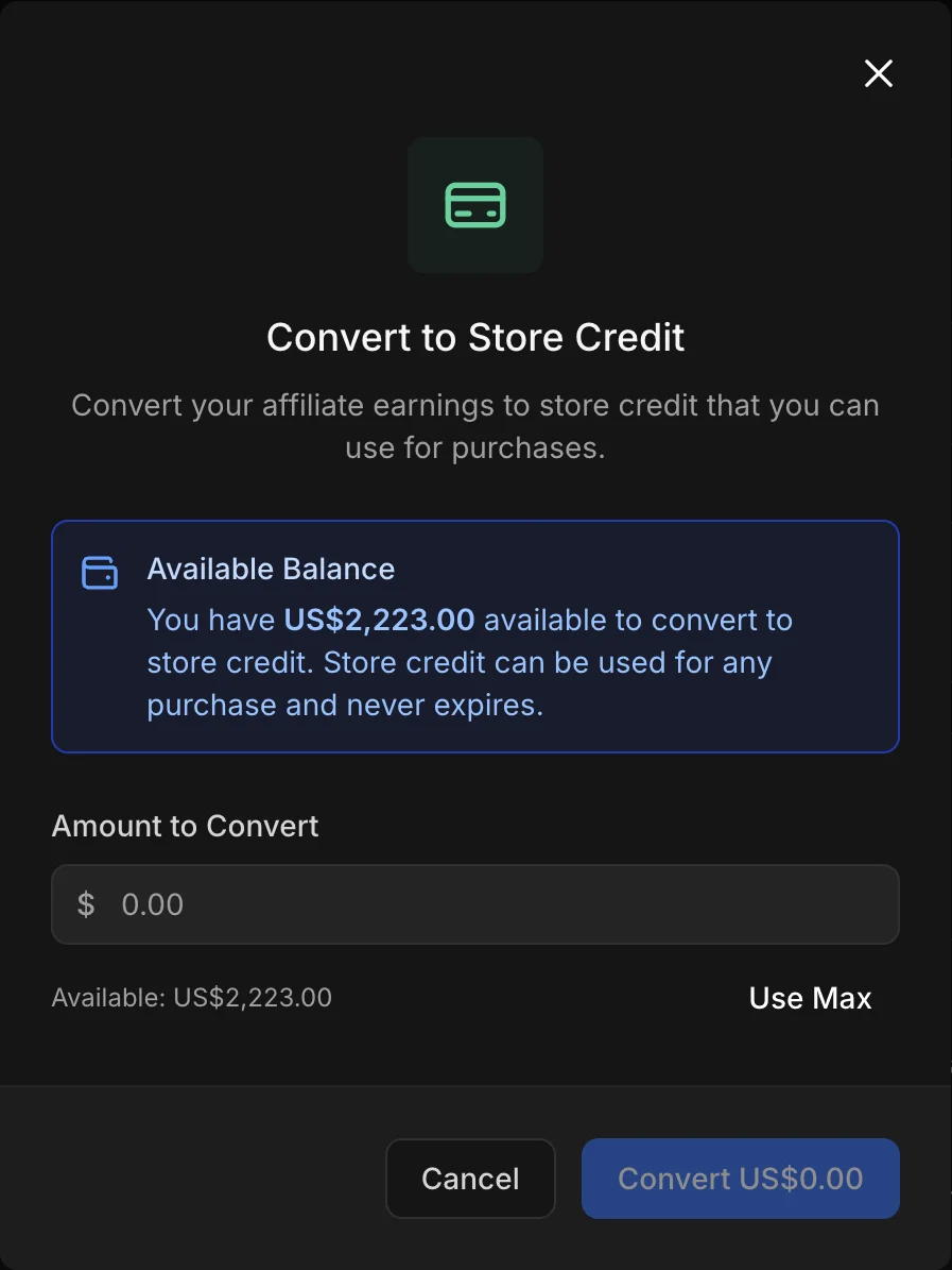 Converting affiliate earnings to store credit in Komerza