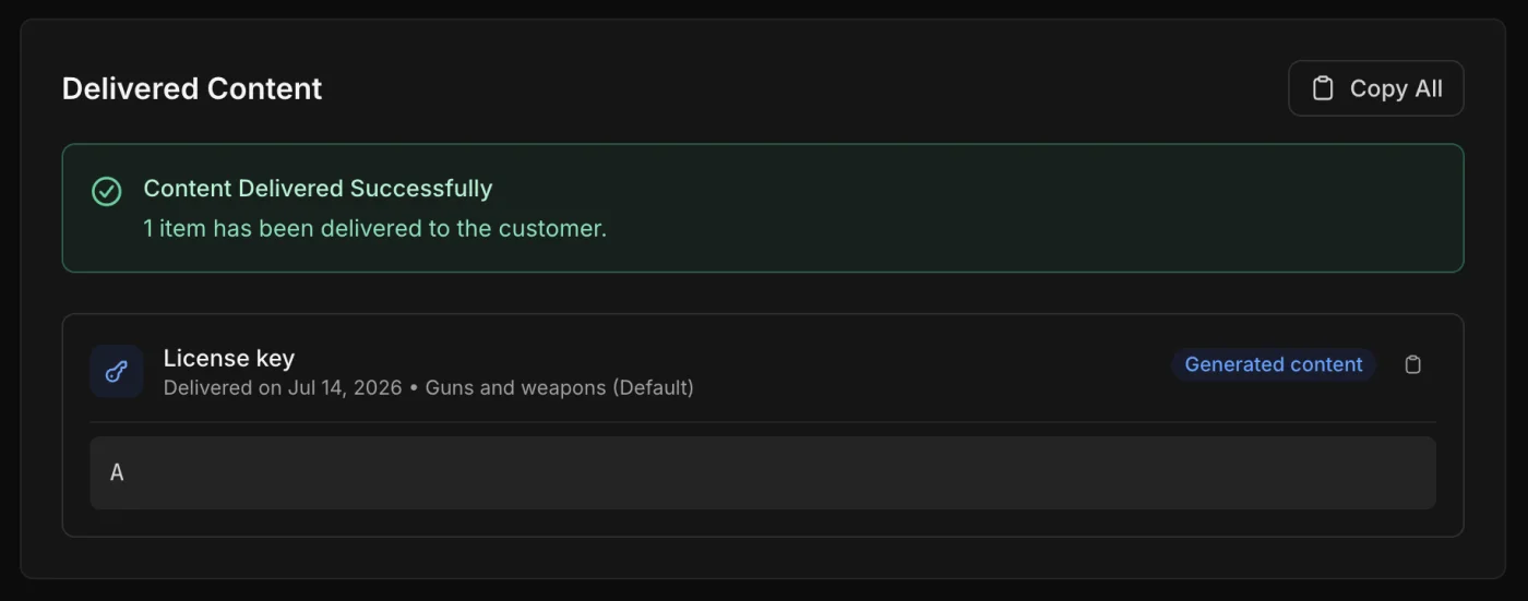 Delivered content confirmation in the Komerza customer dashboard