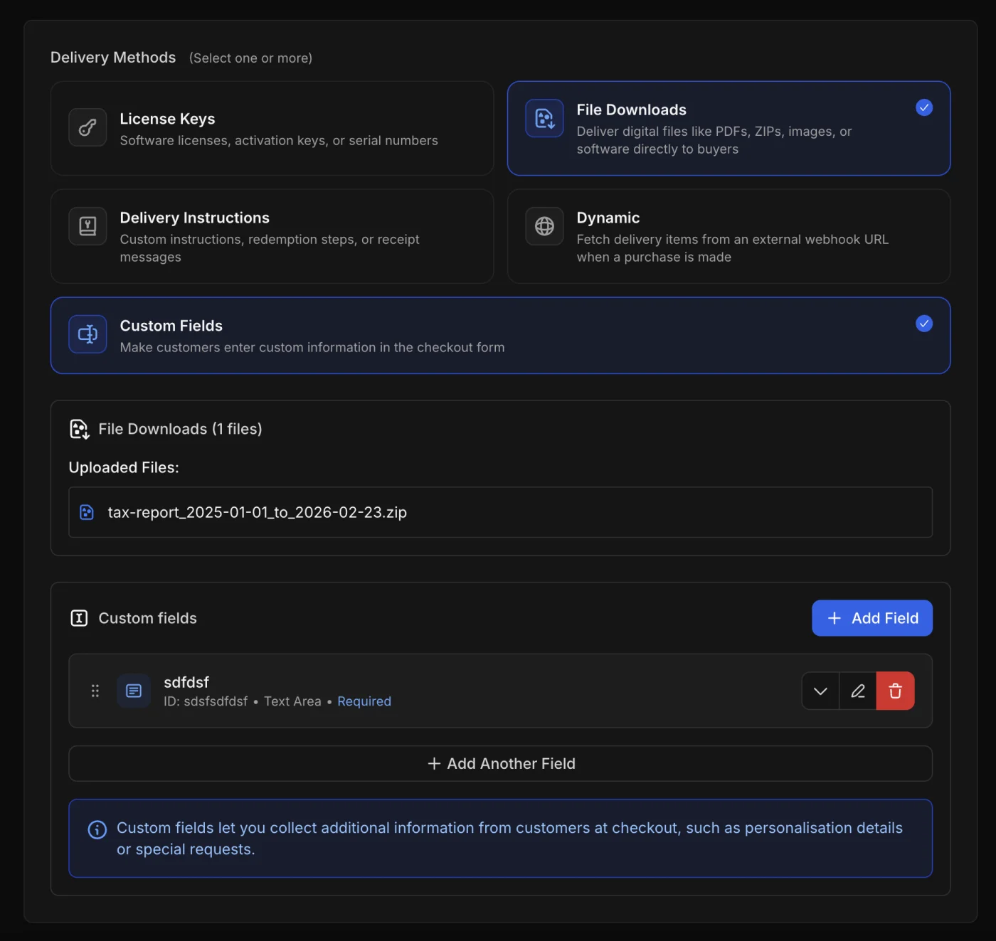 Delivery method options for a product in the Komerza dashboard