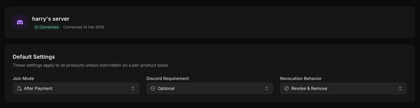 Discord delivery settings in the Komerza dashboard, including join mode and revocation behavior