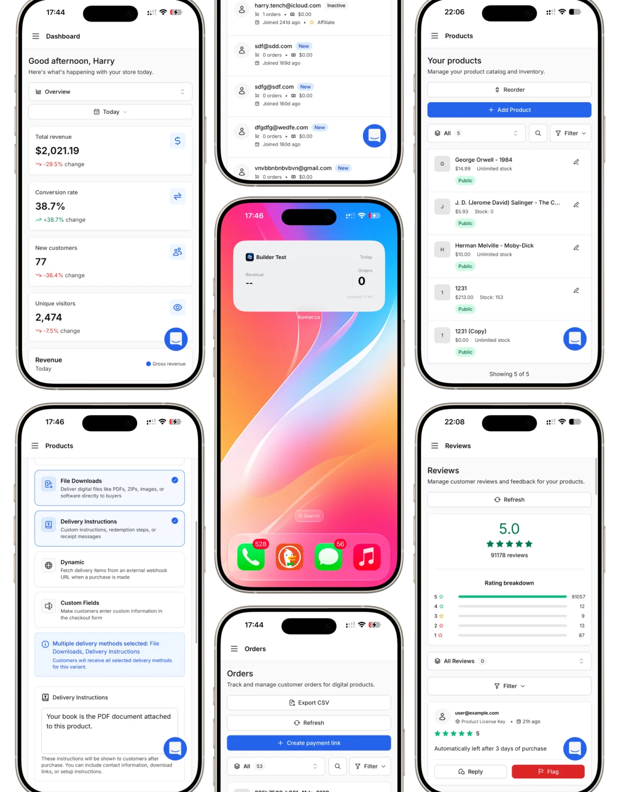 The Komerza iOS app on iPhone