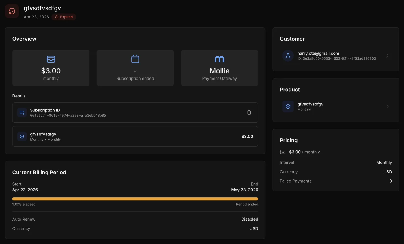 A subscription detail view in the Komerza customer dashboard